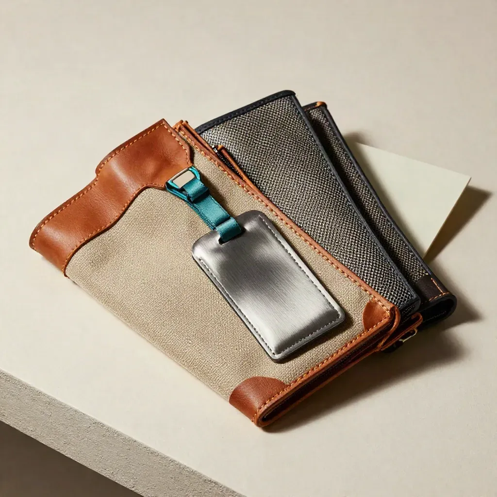Three travel pouches with a luggage tag on a pale plaster surface, softly lit.