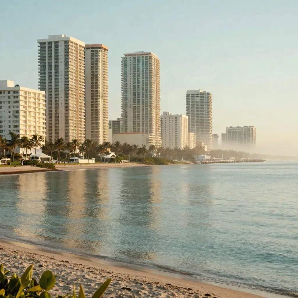 Miami shoreline with pastel towers, palm seawall, calm water and dawn haze over a wide vista