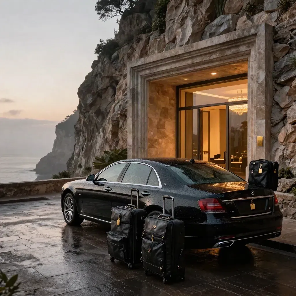 Luxury sedan arrives at a cliffside hotel at sunrise, with luggage and glowing entrance by the sea.