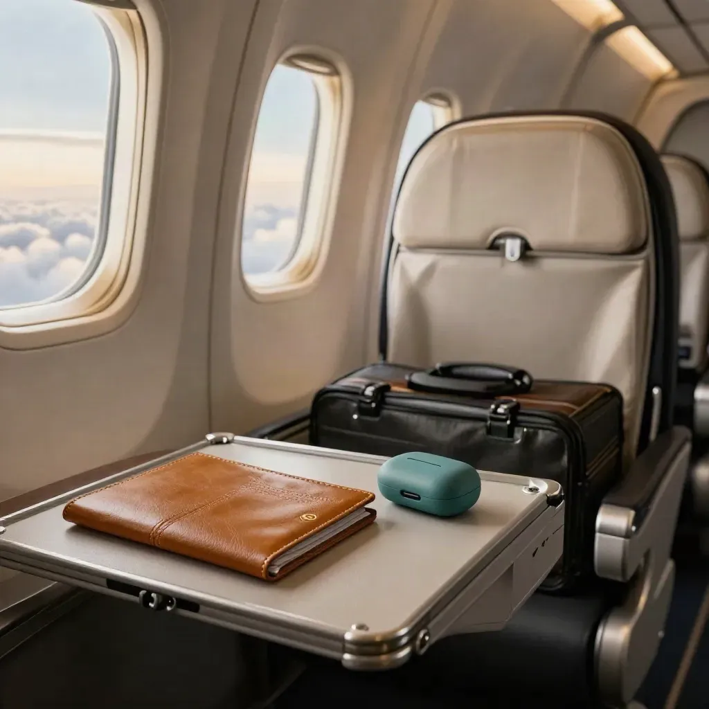 Premium airplane window seat with passport sleeve, headphone case, and carry-on at dawn.