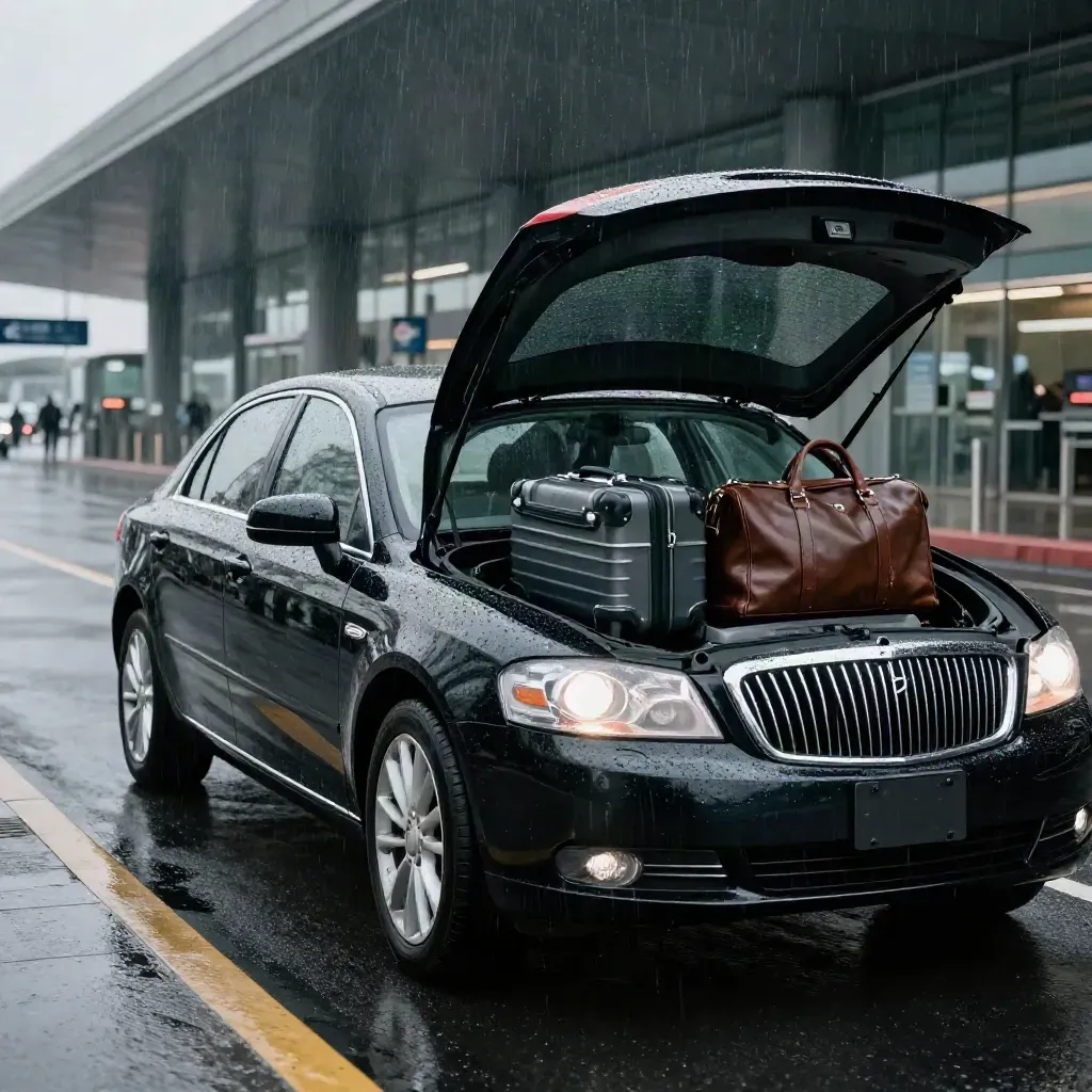 Black airport sedan edging forward in rain with open trunk, luggage, headlights, and spray at curbside.