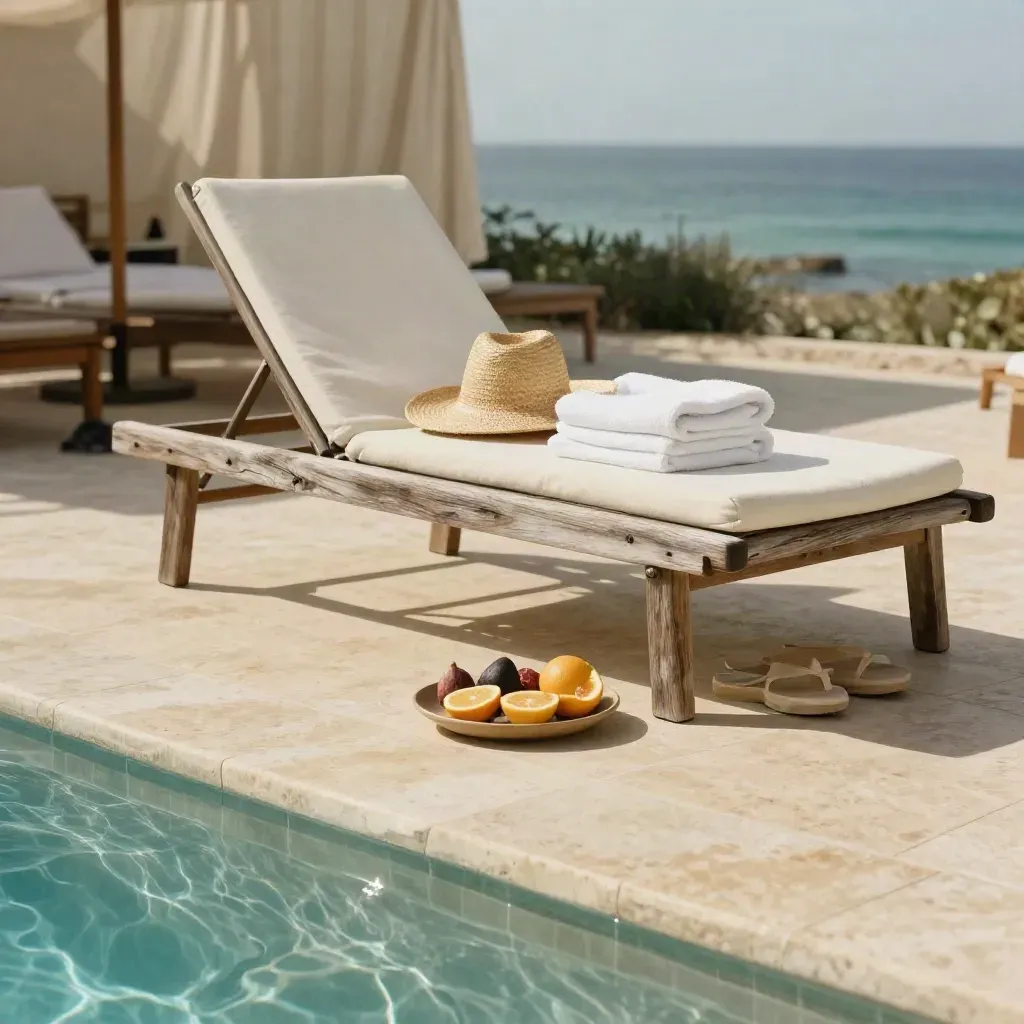 Resort lounger with towels, straw hat, sandals and fruit tray beside a pale pool in warm light.