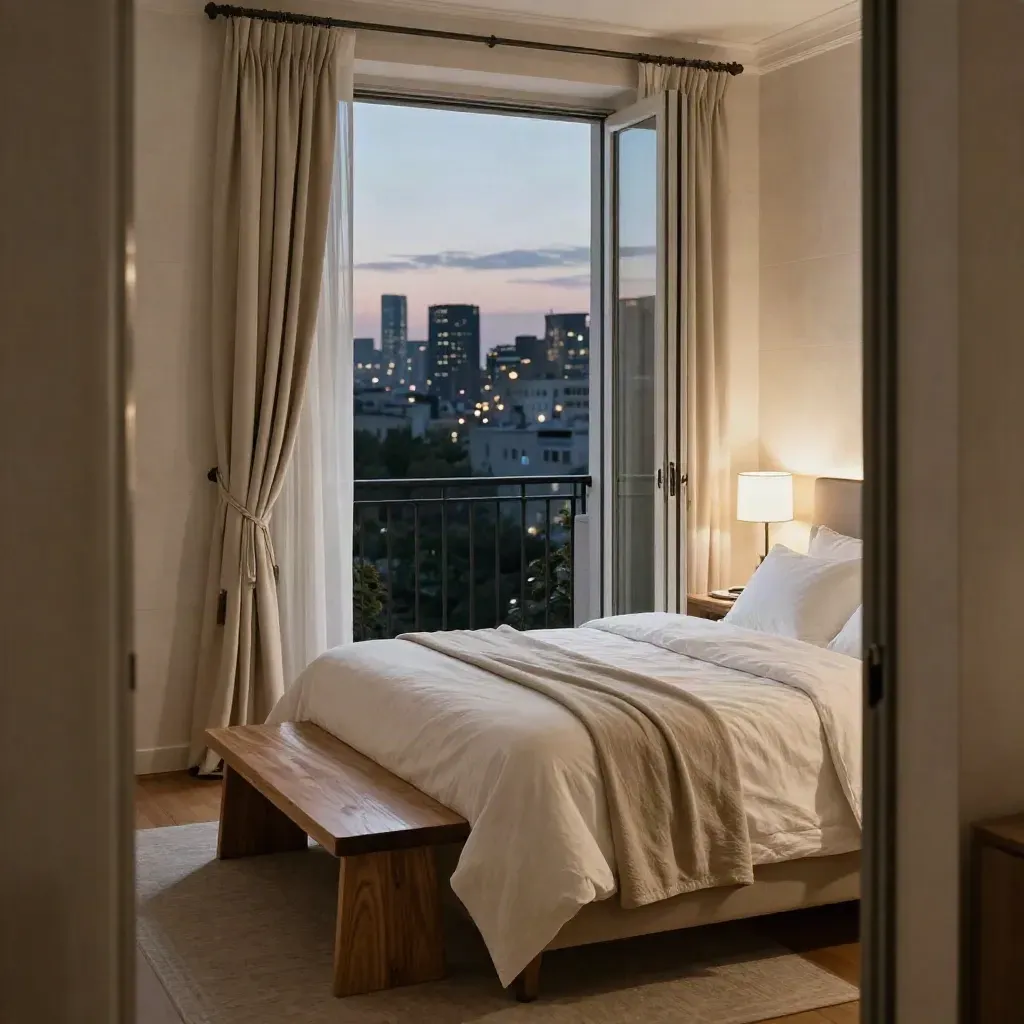 Freshly made luxury corner suite with open balcony doors and city lights at dusk.