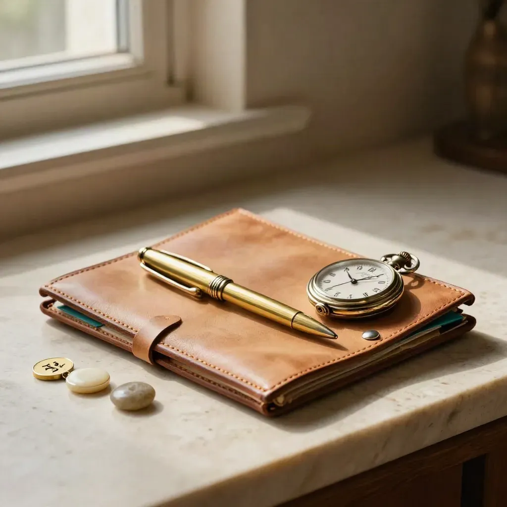 Leather trip folio, brass pen, pocket watch and destination tokens on a pale desk in soft window light.