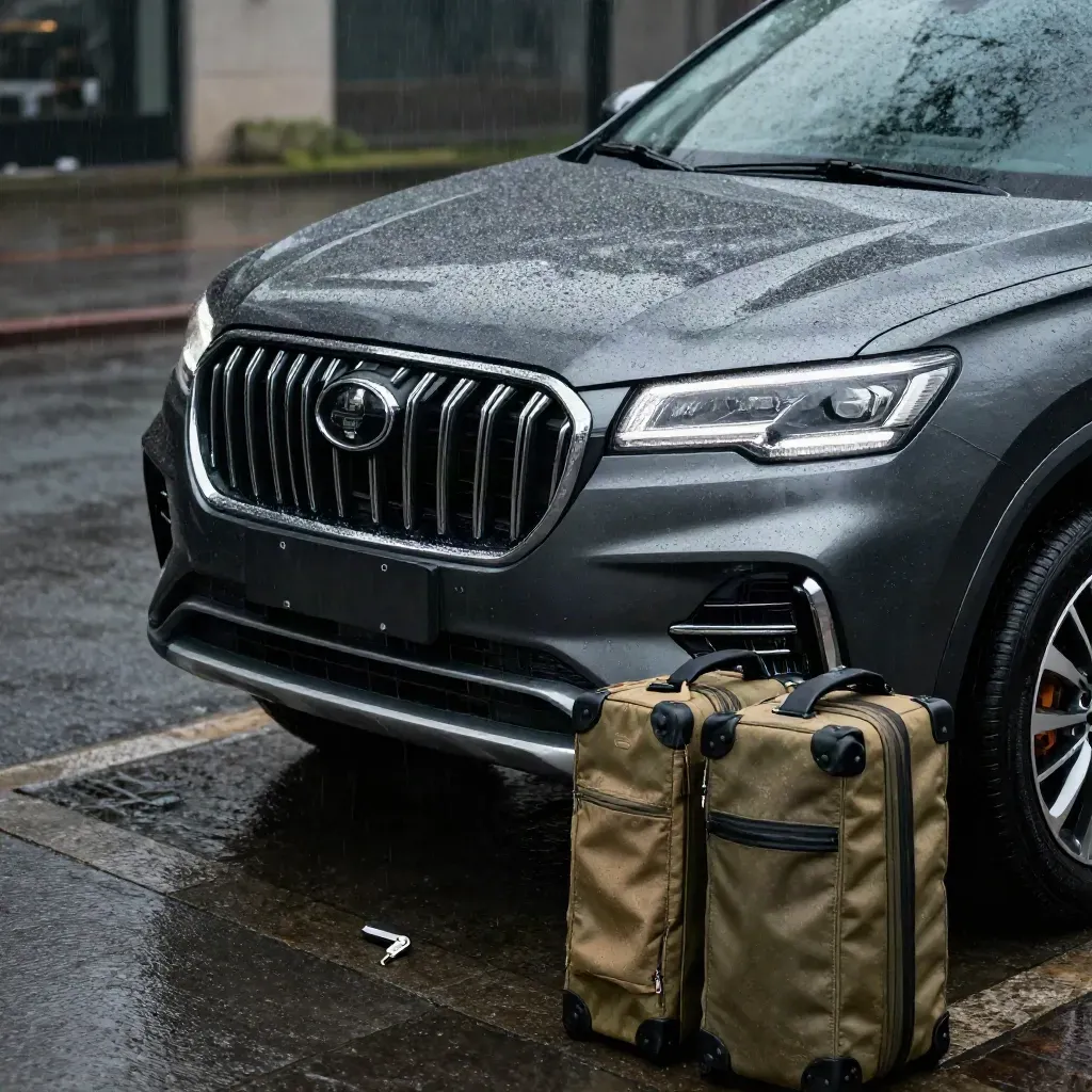 Dark SUV on wet stone drive with luggage and key fob, lit by rain and a low dramatic beam.