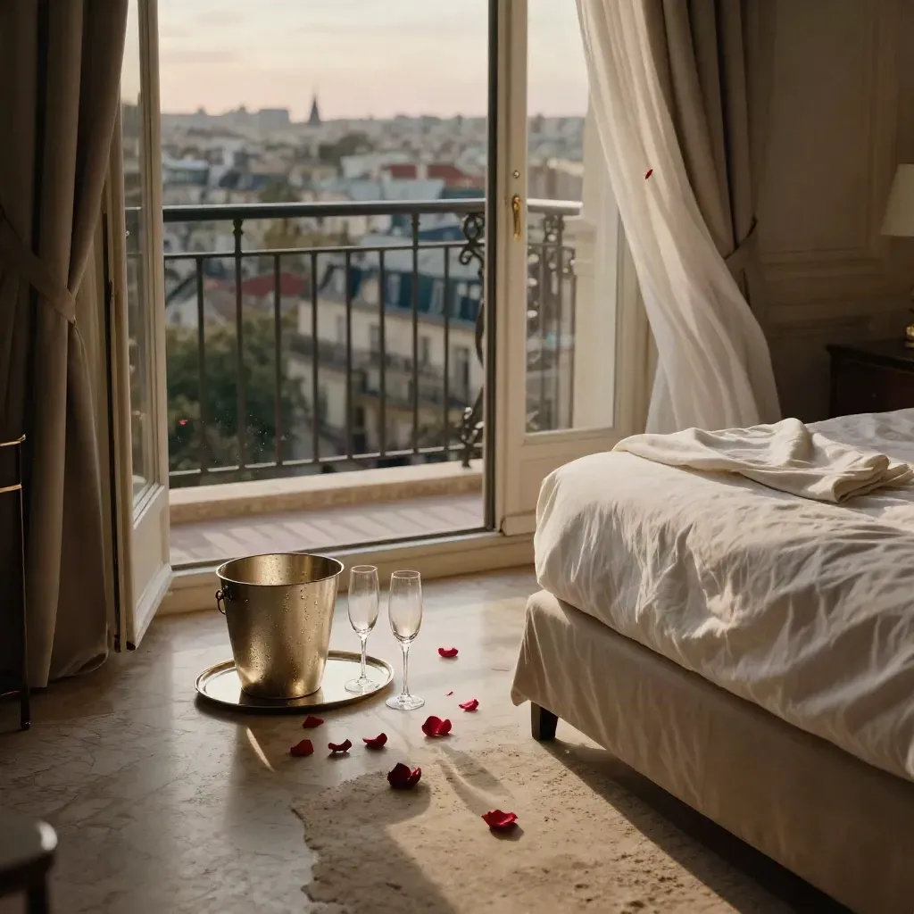 Paris honeymoon suite balcony staged with champagne, roses, linens, and city glow