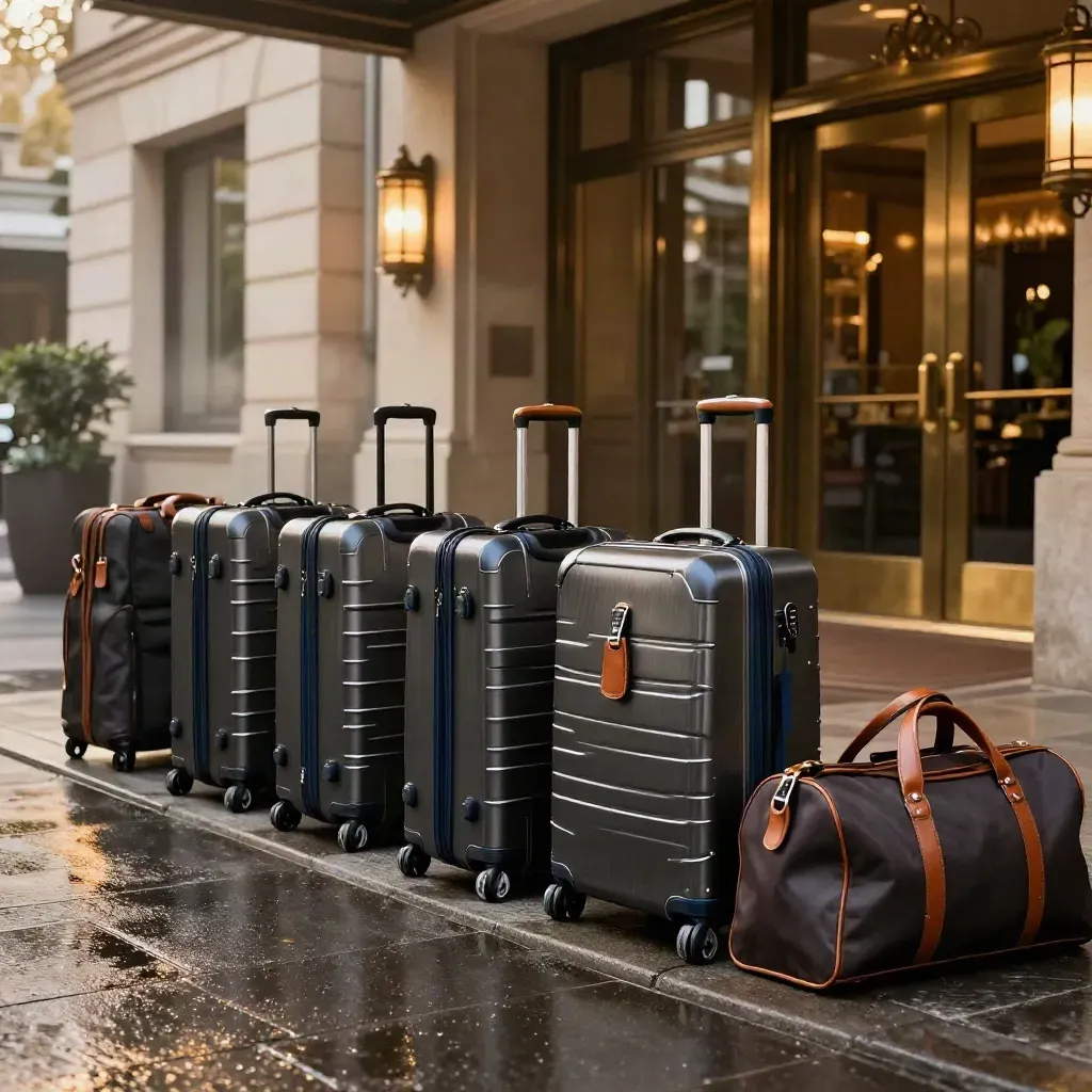 Six carry-ons and transfer bags staged outside a humid hotel entrance at golden hour.