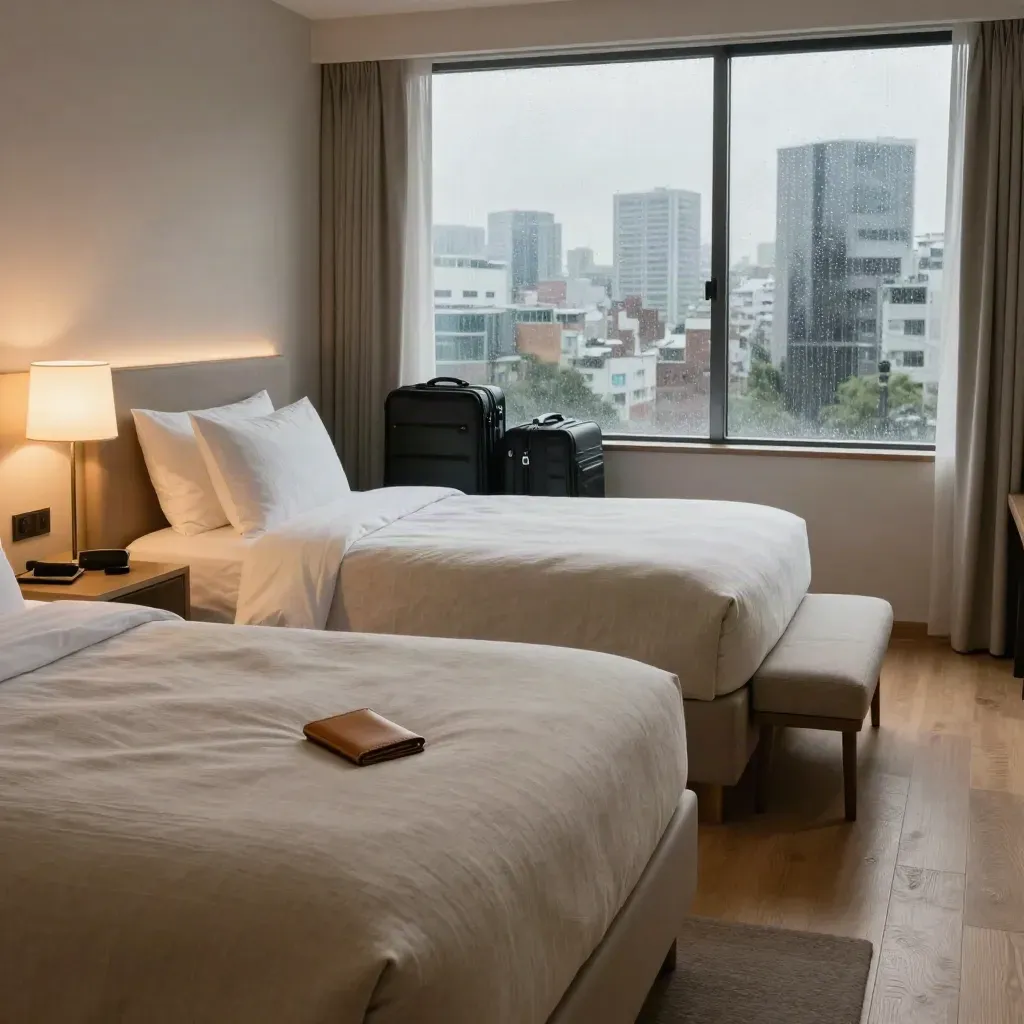 Rainy Tokyo family suite with nested luggage, warm lamps, and city lights beyond the window.