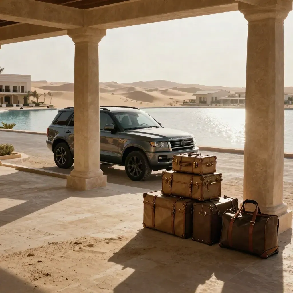 Private SUV, stacked luggage, and glittering resort pool beneath a desert colonnade.
