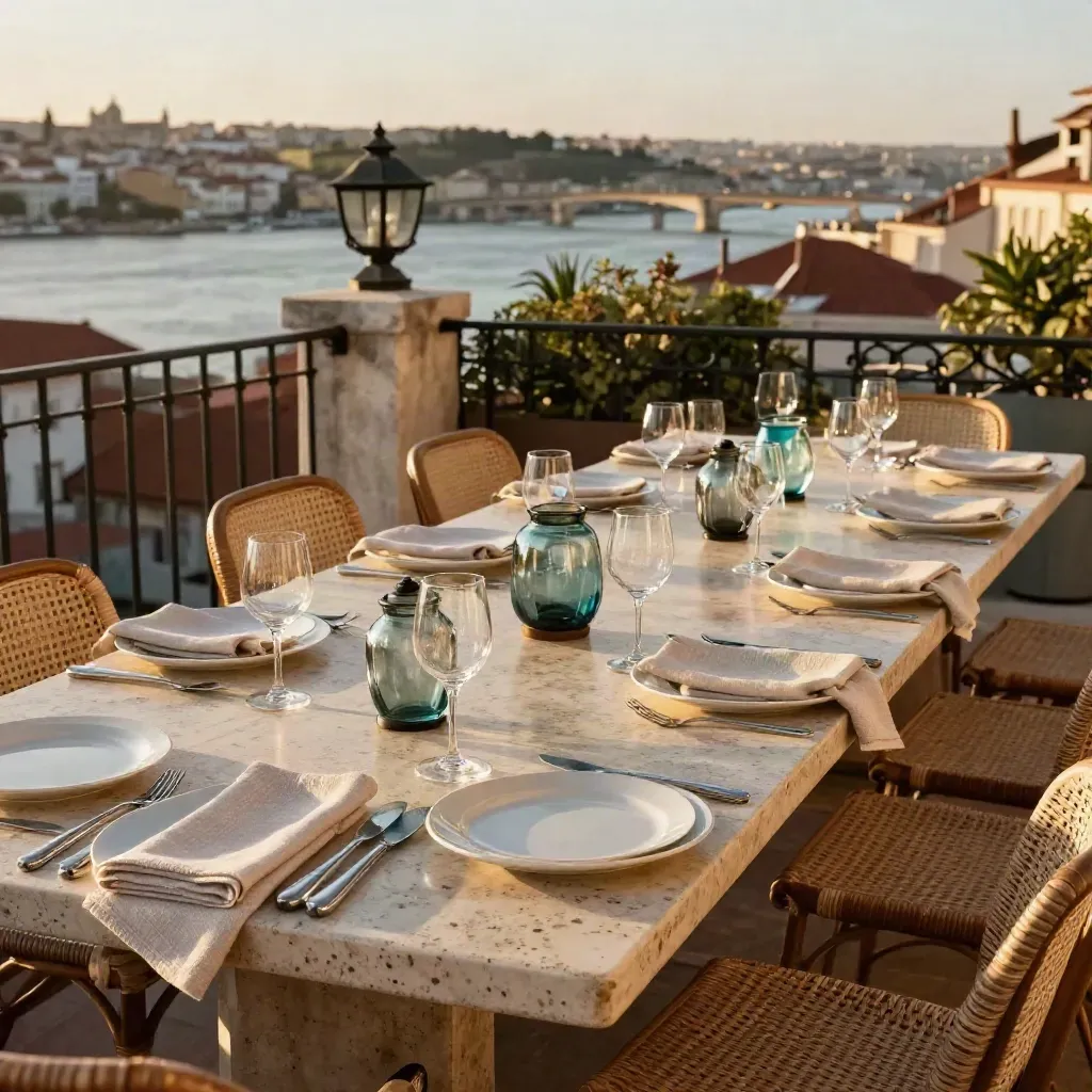Sunset rooftop terrace set with fourteen place settings and river view.