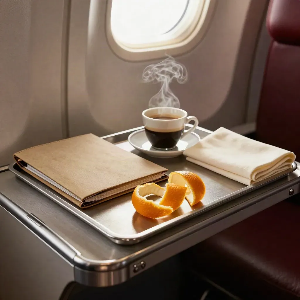 Luxury in-flight snack tray with espresso, citrus peel, folded napkin and a closed travel folio.