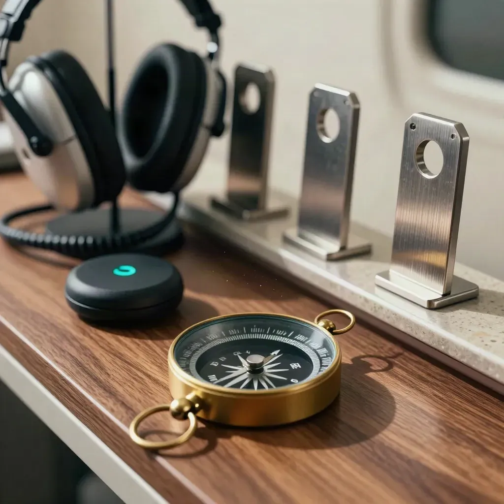 Macro still life of flight specialist tools on a walnut shelf with teal highlights.