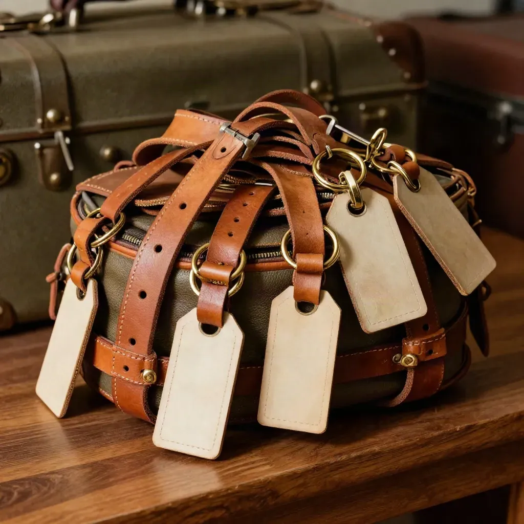Macro cluster of leather luggage loops, brass rings and blank room tags on a warm hotel packing bench.