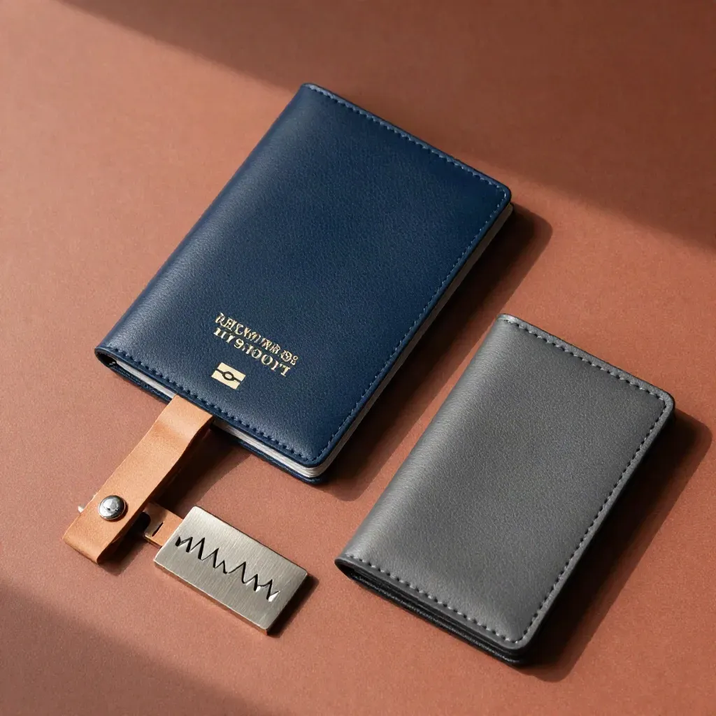 Overhead flatlay of passport sleeve, luggage tag, city token and travel pouch on terracotta stone.