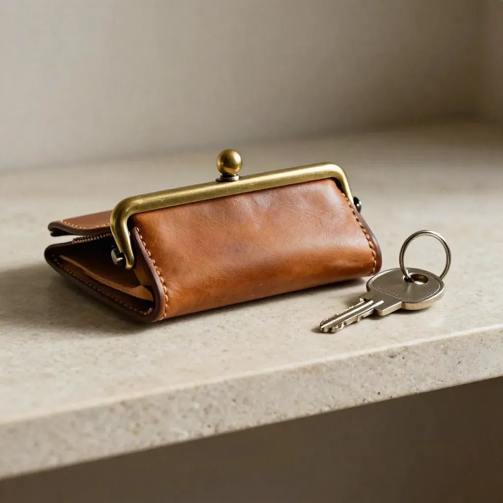 Brass travel wallet clasp beside a room key and key ring on a limestone shelf