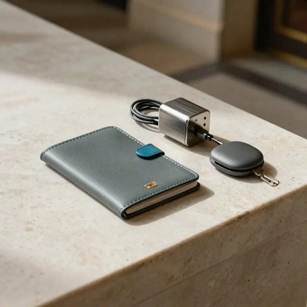 Travel support kit on a stone ledge with passport sleeve, charger, tracker puck, and key fob.