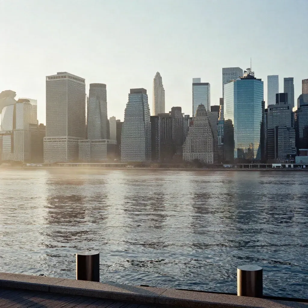 Manhattan skyline above a misty river at dawn with calm water and soft sunrise light.