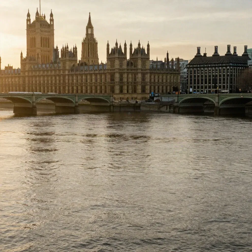 Golden-hour London stone skyline and Thames bend with calm open water for travel copy.