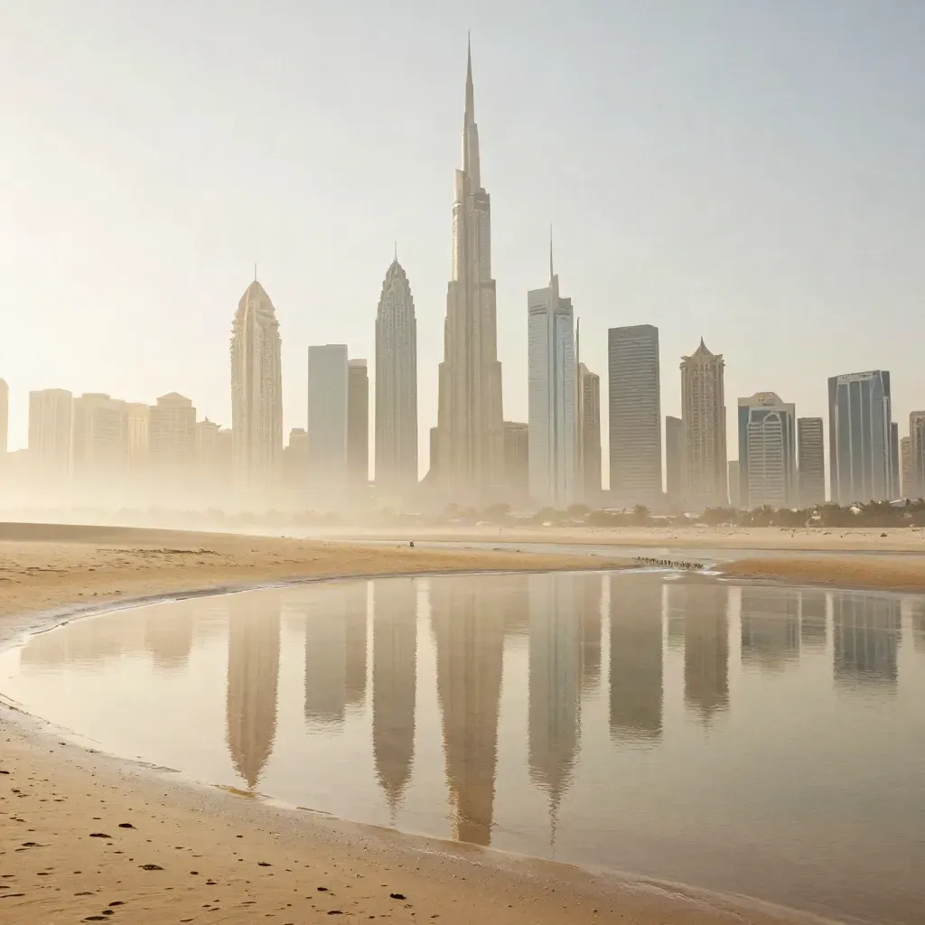 Dubai skyline shimmering over shallow desert water and pale sand in warm haze.